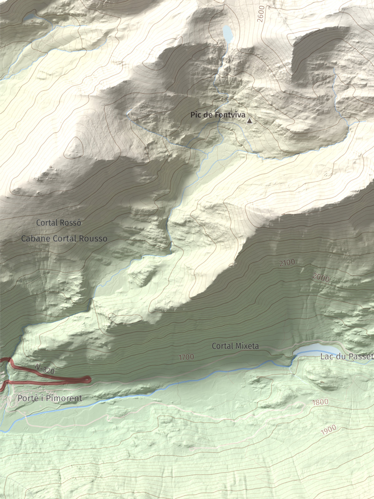 Mapa de relieve de Puig de Coma d'Or, 2826 m, Cerdanya Nord, lámina 100 Cims de Trobart. Detalle de la zona inferior izquierda. 30 × 40 cm.