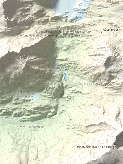 Mapa de relieve de Puig de Coma d'Or, 2826 m, Cerdanya Nord, lámina 100 Cims de Trobart. Detalle de la zona inferior derecha. 30 × 40 cm.