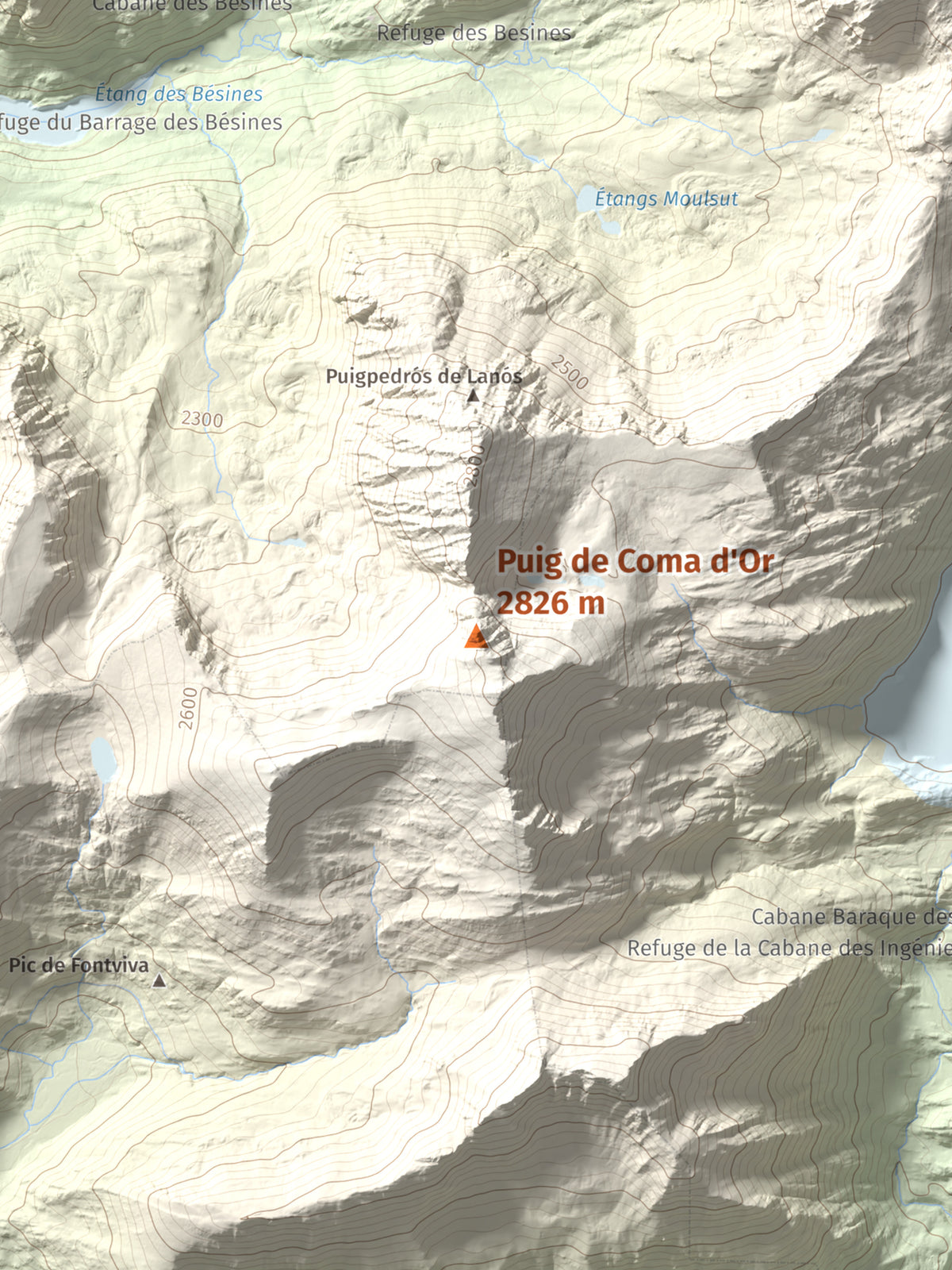 Mapa de relieve de Puig de Coma d'Or, 2826 m, Cerdanya Nord, lámina 100 Cims de Trobart. Detalle de la zona central. 30 × 40 cm.