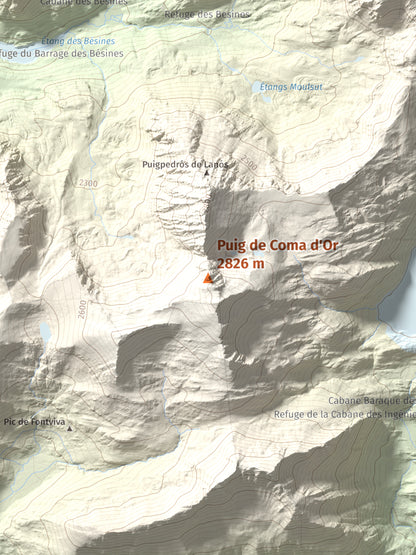 Mapa de relieve de Puig de Coma d'Or, 2826 m, Cerdanya Nord, lámina 100 Cims de Trobart. Detalle de la zona central. 30 × 40 cm.