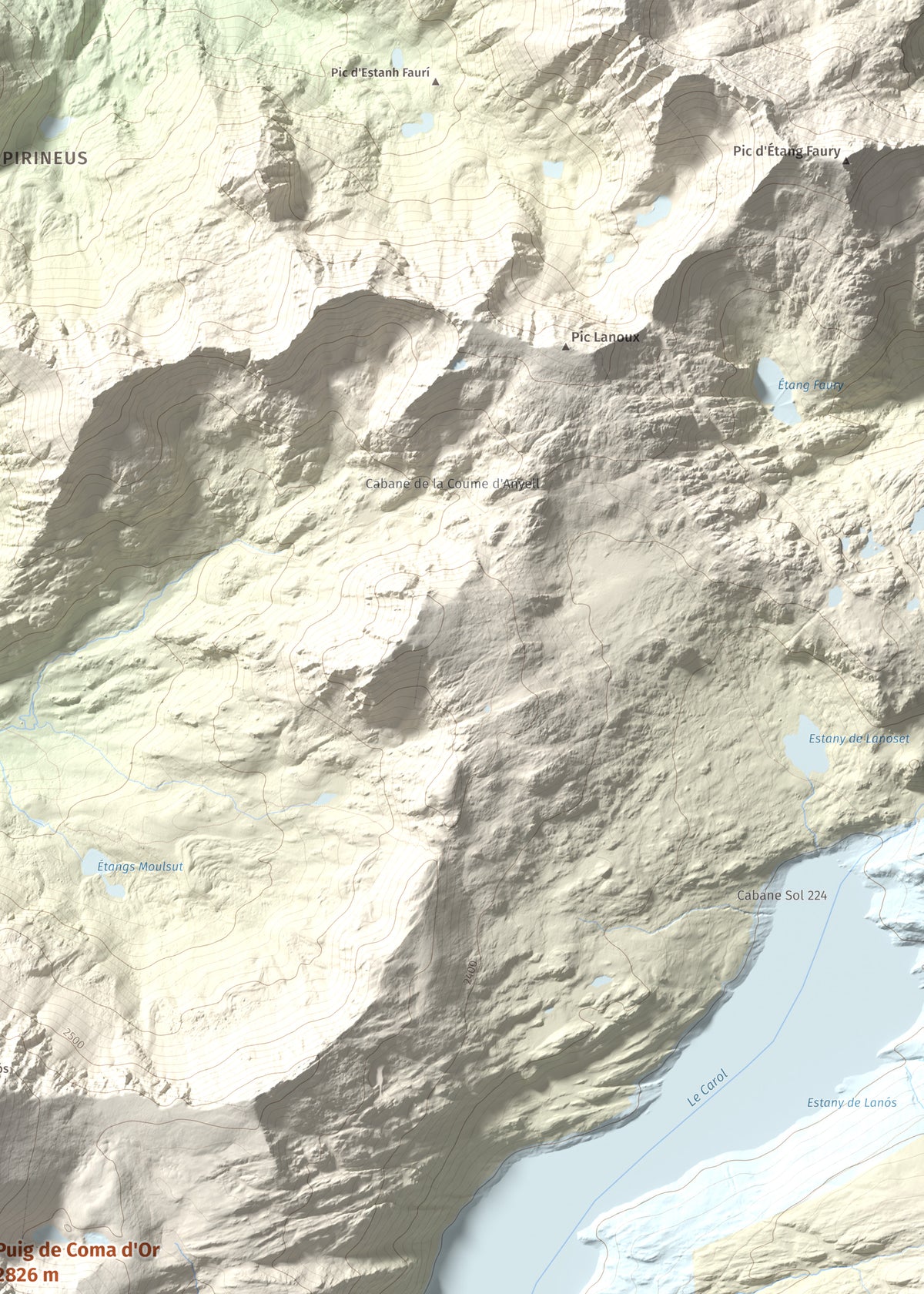 Mapa de relieve de Puig de Coma d'Or, 2826 m, Cerdanya Nord, lámina 100 Cims de Trobart. Detalle de la zona superior derecha. 50 × 70 cm.