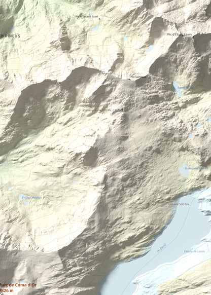 Mapa de relieve de Puig de Coma d'Or, 2826 m, Cerdanya Nord, lámina 100 Cims de Trobart. Detalle de la zona superior derecha. 50 × 70 cm.