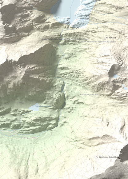 Mapa de relieve de Puig de Coma d'Or, 2826 m, Cerdanya Nord, lámina 100 Cims de Trobart. Detalle de la zona inferior derecha. 50 × 70 cm.