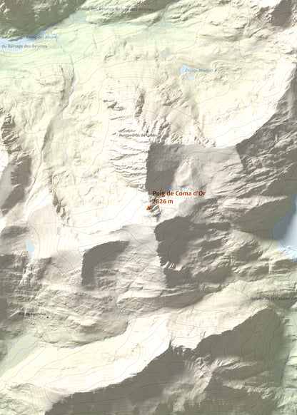 Mapa de relieve de Puig de Coma d'Or, 2826 m, Cerdanya Nord, lámina 100 Cims de Trobart. Detalle de la zona central. 50 × 70 cm.