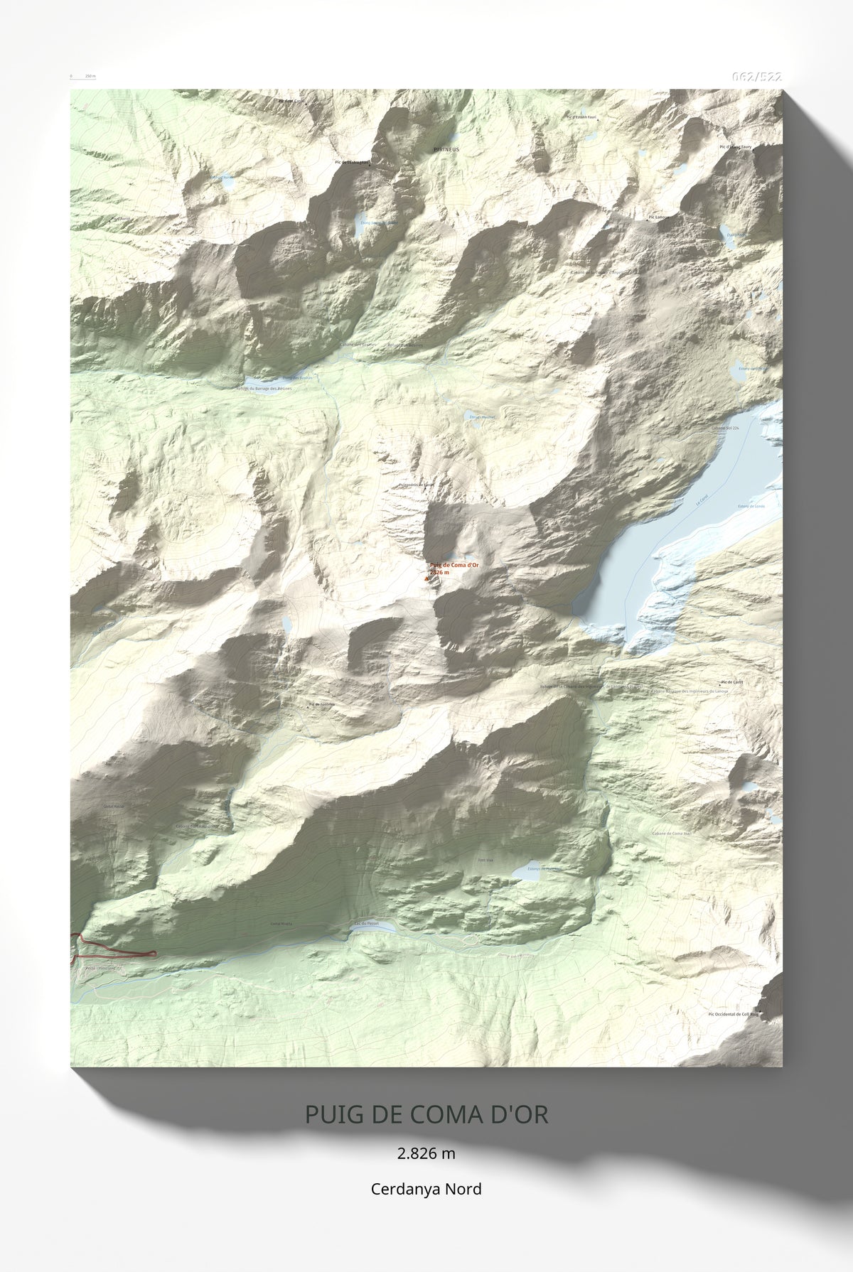 Mapa de relieve de Puig de Coma d'Or, 2826 m, Cerdanya Nord, lámina 100 Cims de Trobart 61 × 91 cm.