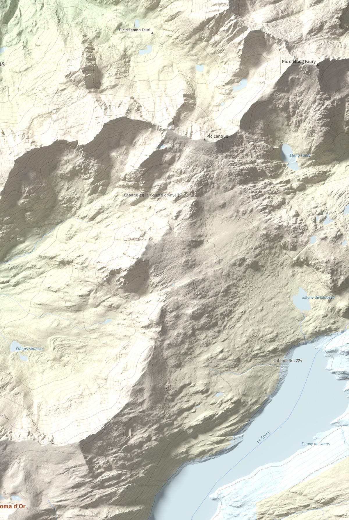 Mapa de relieve de Puig de Coma d'Or, 2826 m, Cerdanya Nord, lámina 100 Cims de Trobart. Detalle de la zona superior derecha. 61 × 91 cm.