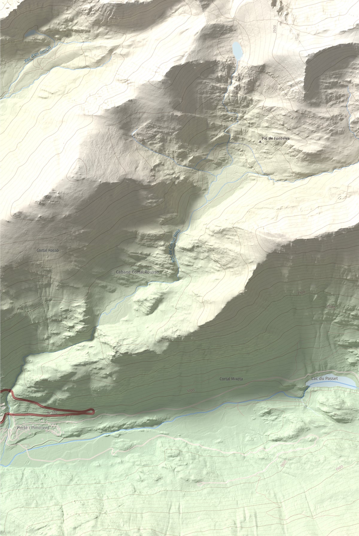 Mapa de relieve de Puig de Coma d'Or, 2826 m, Cerdanya Nord, lámina 100 Cims de Trobart. Detalle de la zona inferior izquierda. 61 × 91 cm.