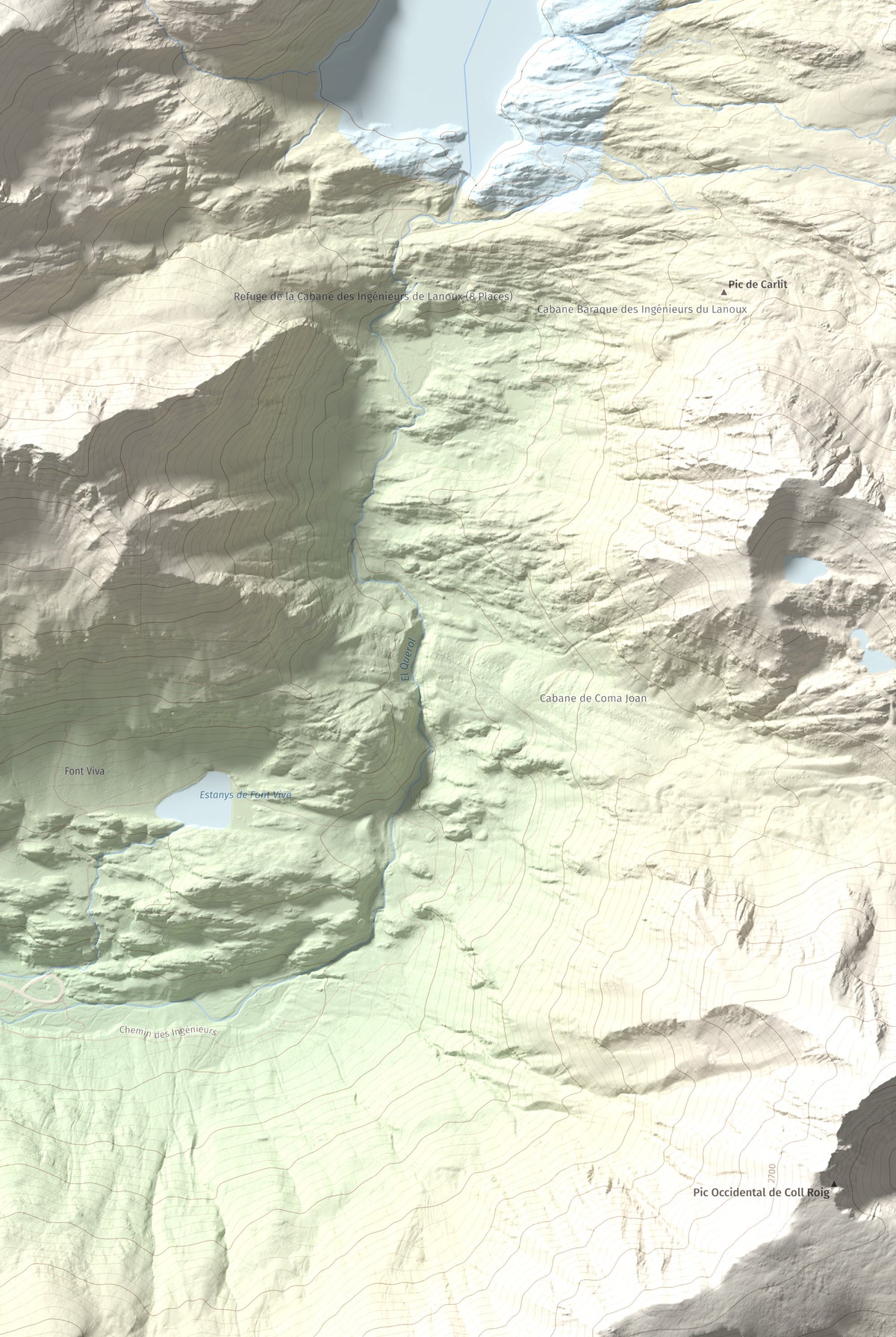 Mapa de relieve de Puig de Coma d'Or, 2826 m, Cerdanya Nord, lámina 100 Cims de Trobart. Detalle de la zona inferior derecha. 61 × 91 cm.