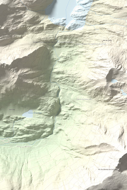 Mapa de relieve de Puig de Coma d'Or, 2826 m, Cerdanya Nord, lámina 100 Cims de Trobart. Detalle de la zona inferior derecha. 61 × 91 cm.