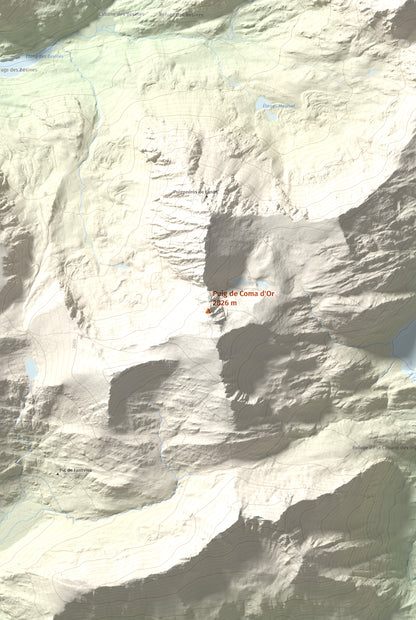Mapa de relieve de Puig de Coma d'Or, 2826 m, Cerdanya Nord, lámina 100 Cims de Trobart. Detalle de la zona central. 61 × 91 cm.