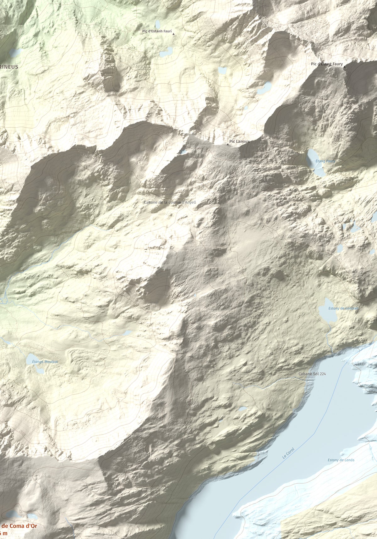 Mapa de relieve de Puig de Coma d'Or, 2826 m, Cerdanya Nord, lámina 100 Cims de Trobart. Detalle de la zona superior derecha. 70 × 100 cm.