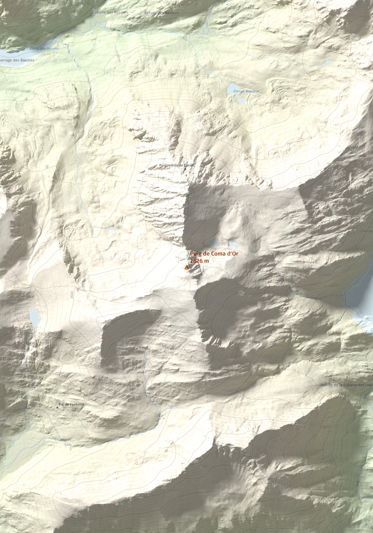 Mapa de relieve de Puig de Coma d'Or, 2826 m, Cerdanya Nord, lámina 100 Cims de Trobart. Detalle de la zona central. 70 × 100 cm.