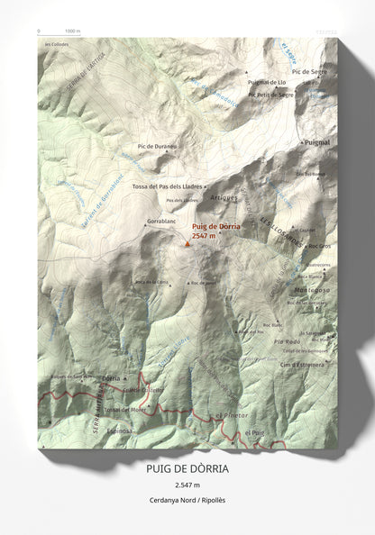Mapa de relieve de Puig de Dòrria, 2547 m, Cerdanya Nord · Ripollès, lámina 100 Cims de Trobart 21 × 30 cm.
