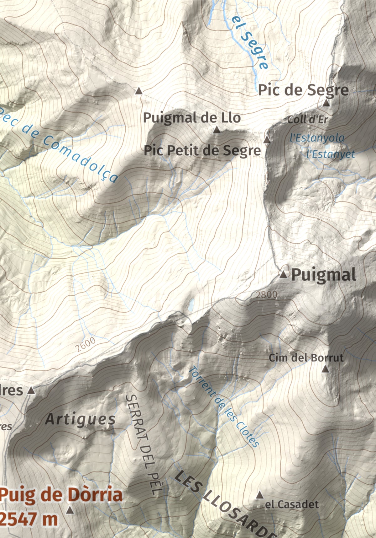 Mapa de relieve de Puig de Dòrria, 2547 m, Cerdanya Nord · Ripollès, lámina 100 Cims de Trobart. Detalle de la zona superior derecha. 21 × 30 cm.