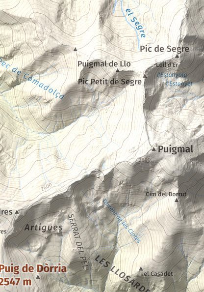 Mapa de relieve de Puig de Dòrria, 2547 m, Cerdanya Nord · Ripollès, lámina 100 Cims de Trobart. Detalle de la zona superior derecha. 21 × 30 cm.