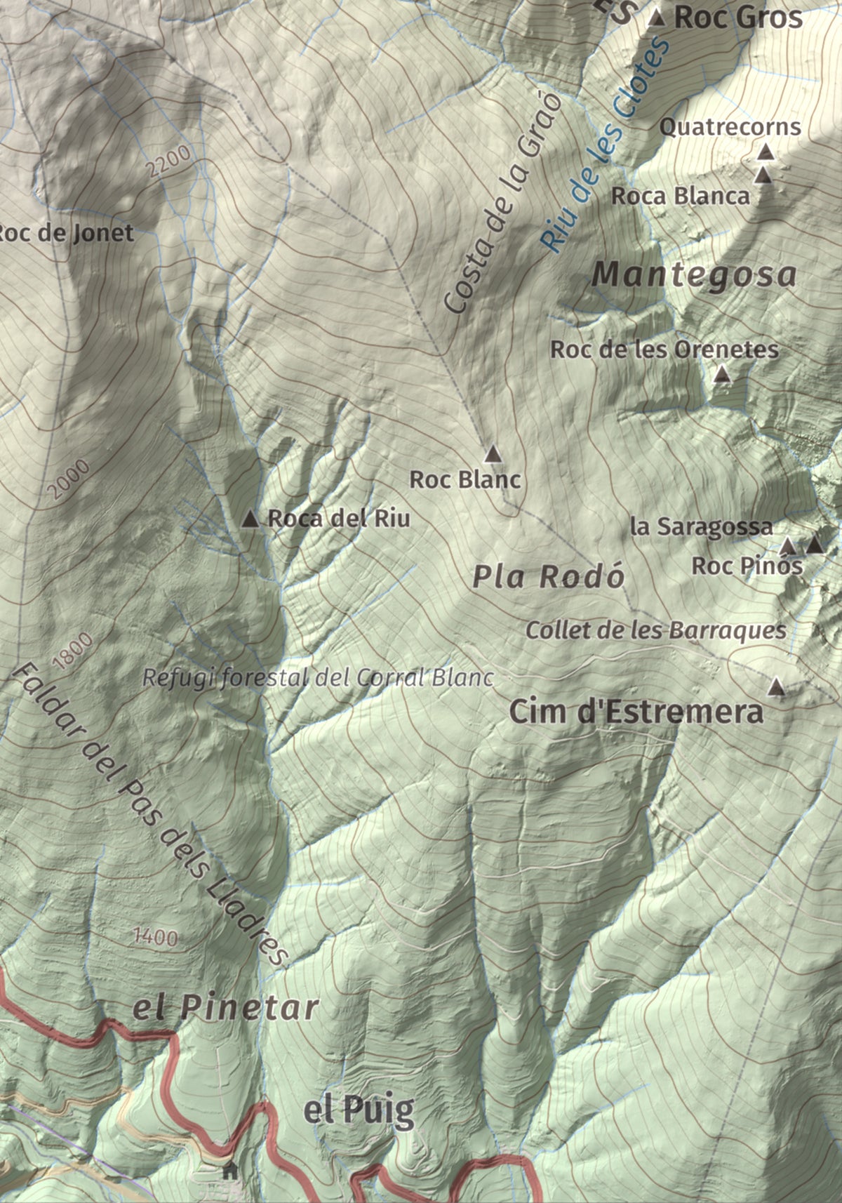 Mapa de relieve de Puig de Dòrria, 2547 m, Cerdanya Nord · Ripollès, lámina 100 Cims de Trobart. Detalle de la zona inferior derecha. 21 × 30 cm.