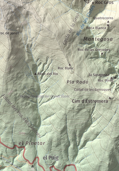 Mapa de relieve de Puig de Dòrria, 2547 m, Cerdanya Nord · Ripollès, lámina 100 Cims de Trobart. Detalle de la zona inferior derecha. 21 × 30 cm.