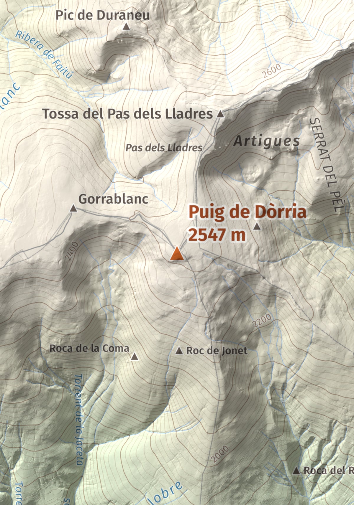 Mapa de relieve de Puig de Dòrria, 2547 m, Cerdanya Nord · Ripollès, lámina 100 Cims de Trobart. Detalle de la zona central. 21 × 30 cm.