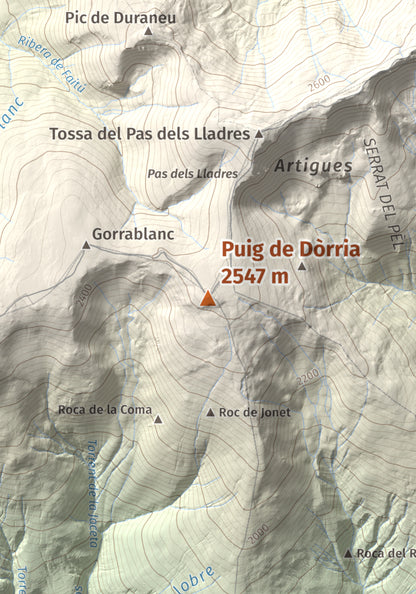 Mapa de relieve de Puig de Dòrria, 2547 m, Cerdanya Nord · Ripollès, lámina 100 Cims de Trobart. Detalle de la zona central. 21 × 30 cm.