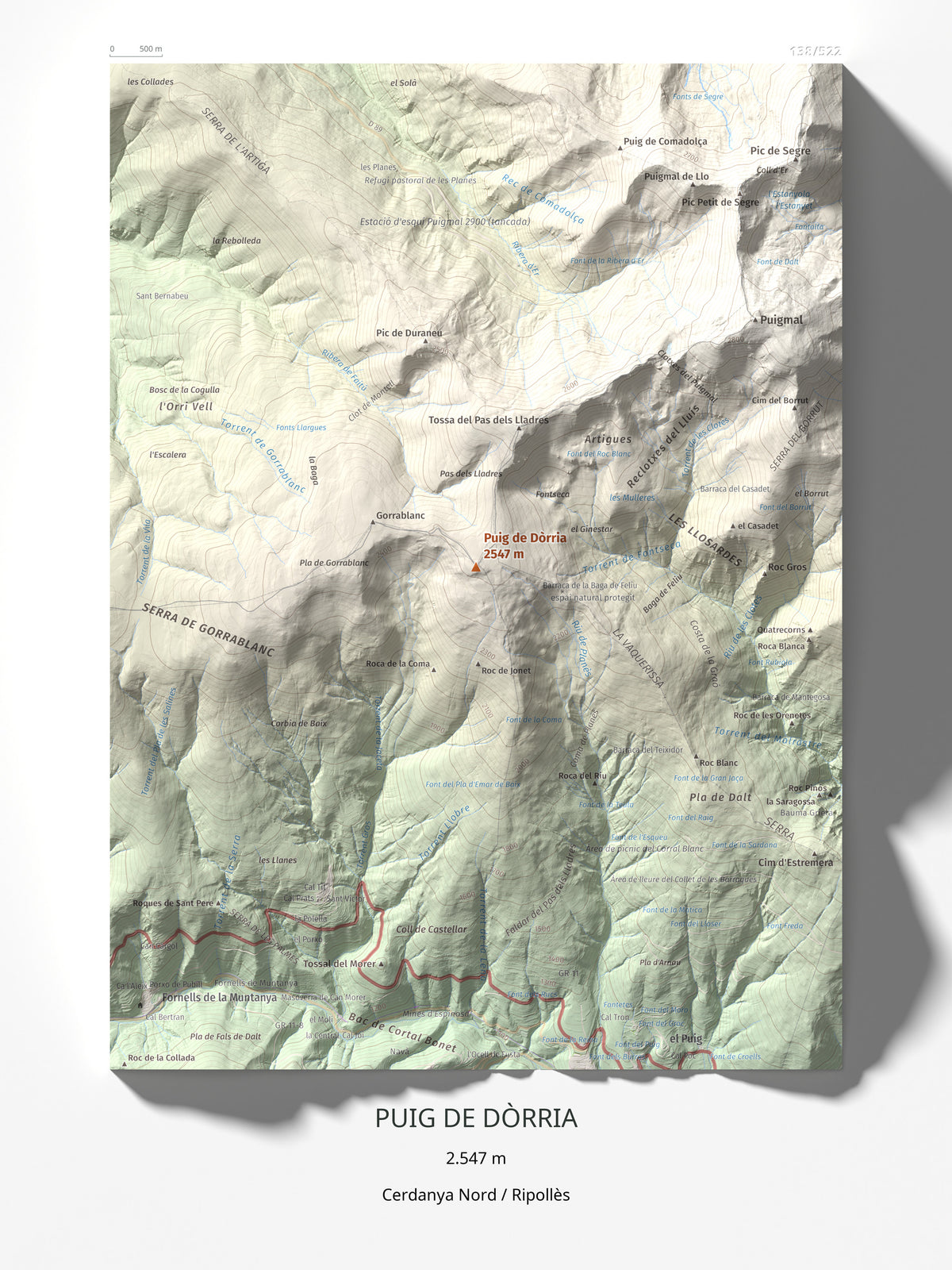 Mapa de relieve de Puig de Dòrria, 2547 m, Cerdanya Nord · Ripollès, lámina 100 Cims de Trobart 30 × 40 cm.