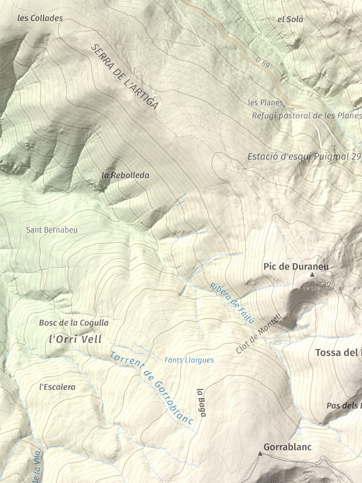 Mapa de relieve de Puig de Dòrria, 2547 m, Cerdanya Nord · Ripollès, lámina 100 Cims de Trobart. Detalle de la zona superior izquierda. 30 × 40 cm.