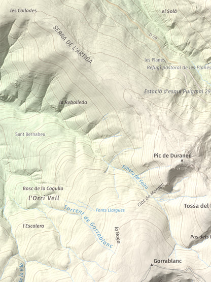 Mapa de relieve de Puig de Dòrria, 2547 m, Cerdanya Nord · Ripollès, lámina 100 Cims de Trobart. Detalle de la zona superior izquierda. 30 × 40 cm.