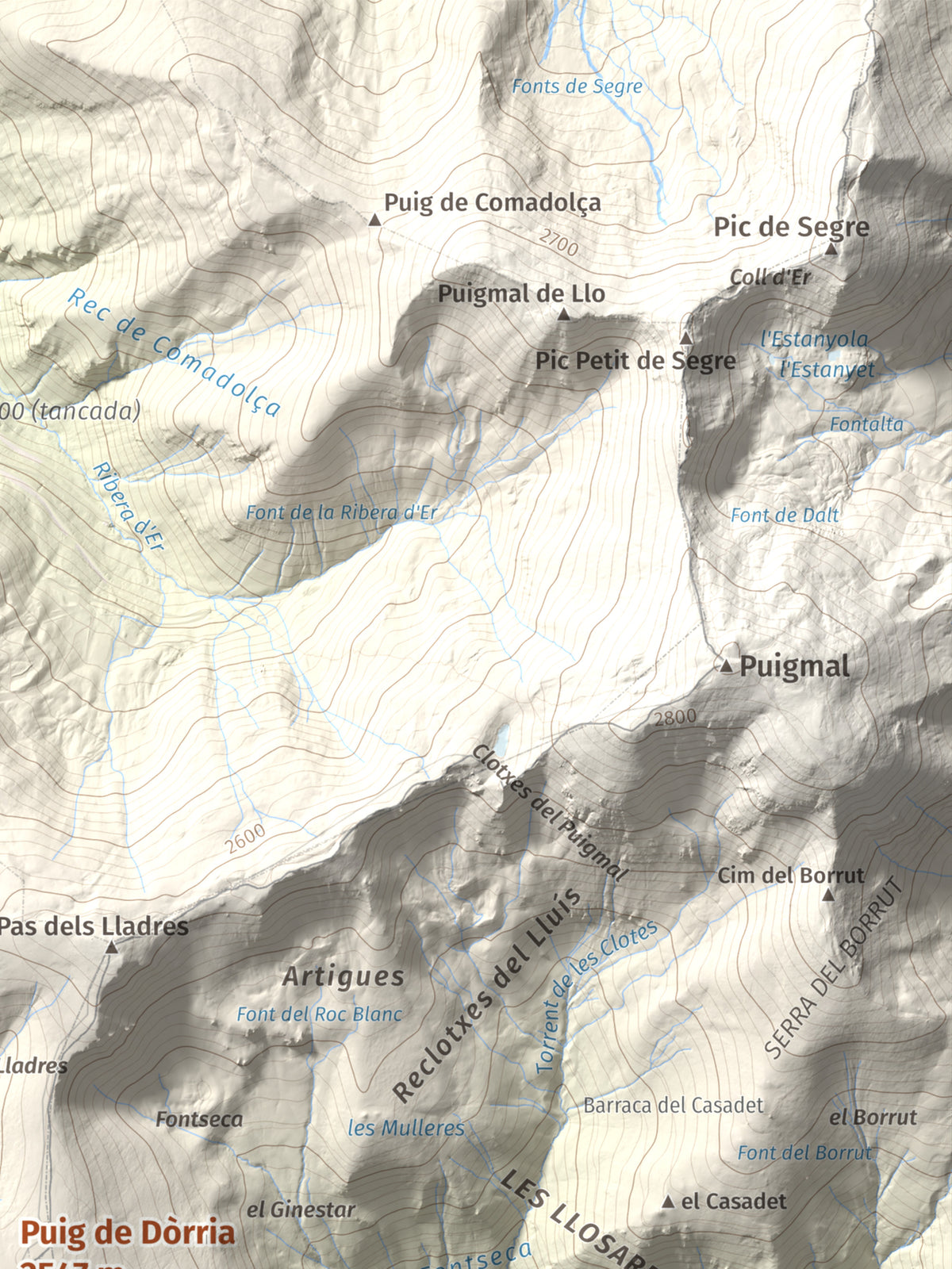 Mapa de relieve de Puig de Dòrria, 2547 m, Cerdanya Nord · Ripollès, lámina 100 Cims de Trobart. Detalle de la zona superior derecha. 30 × 40 cm.