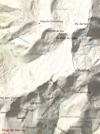 Mapa de relieve de Puig de Dòrria, 2547 m, Cerdanya Nord · Ripollès, lámina 100 Cims de Trobart. Detalle de la zona superior derecha. 30 × 40 cm.