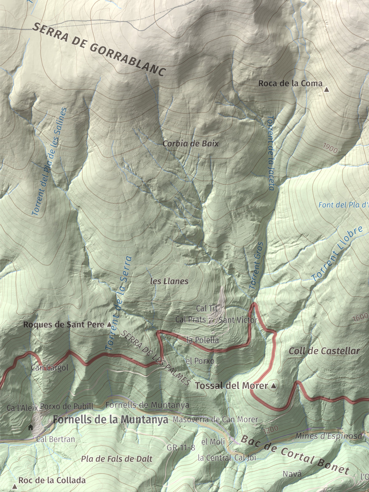 Mapa de relieve de Puig de Dòrria, 2547 m, Cerdanya Nord · Ripollès, lámina 100 Cims de Trobart. Detalle de la zona inferior izquierda. 30 × 40 cm.
