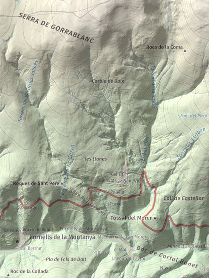 Mapa de relieve de Puig de Dòrria, 2547 m, Cerdanya Nord · Ripollès, lámina 100 Cims de Trobart. Detalle de la zona inferior izquierda. 30 × 40 cm.