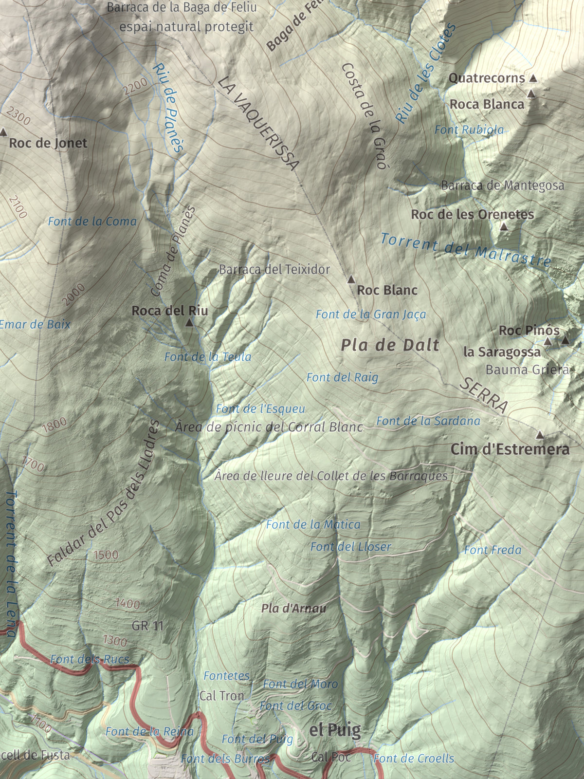 Mapa de relieve de Puig de Dòrria, 2547 m, Cerdanya Nord · Ripollès, lámina 100 Cims de Trobart. Detalle de la zona inferior derecha. 30 × 40 cm.