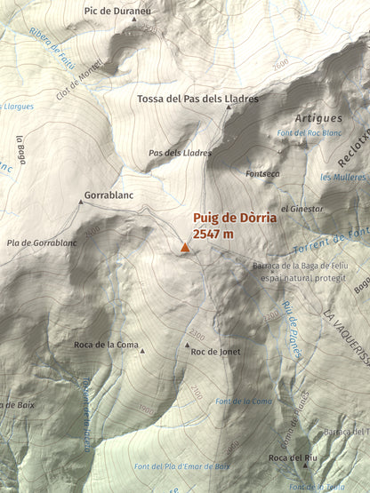 Mapa de relieve de Puig de Dòrria, 2547 m, Cerdanya Nord · Ripollès, lámina 100 Cims de Trobart. Detalle de la zona central. 30 × 40 cm.