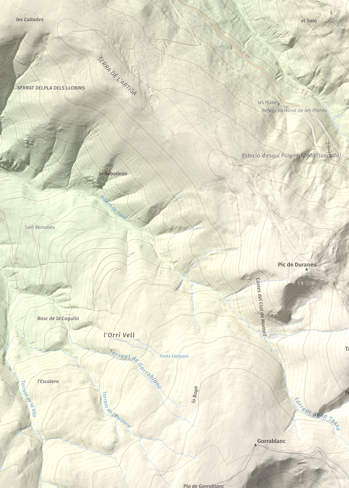 Mapa de relieve de Puig de Dòrria, 2547 m, Cerdanya Nord · Ripollès, lámina 100 Cims de Trobart. Detalle de la zona superior izquierda. 50 × 70 cm.