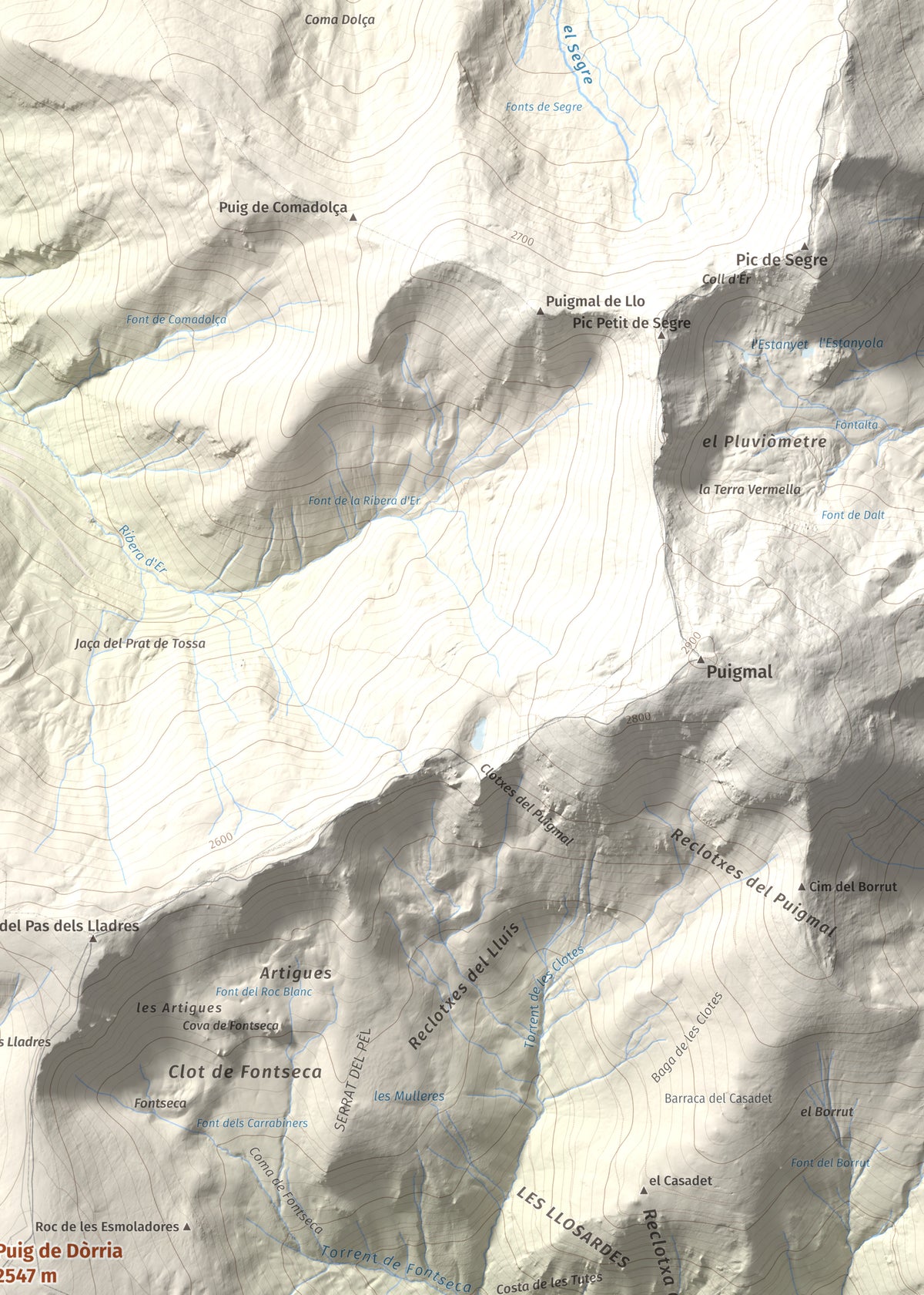 Mapa de relieve de Puig de Dòrria, 2547 m, Cerdanya Nord · Ripollès, lámina 100 Cims de Trobart. Detalle de la zona superior derecha. 50 × 70 cm.