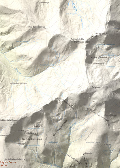 Mapa de relieve de Puig de Dòrria, 2547 m, Cerdanya Nord · Ripollès, lámina 100 Cims de Trobart. Detalle de la zona superior derecha. 50 × 70 cm.