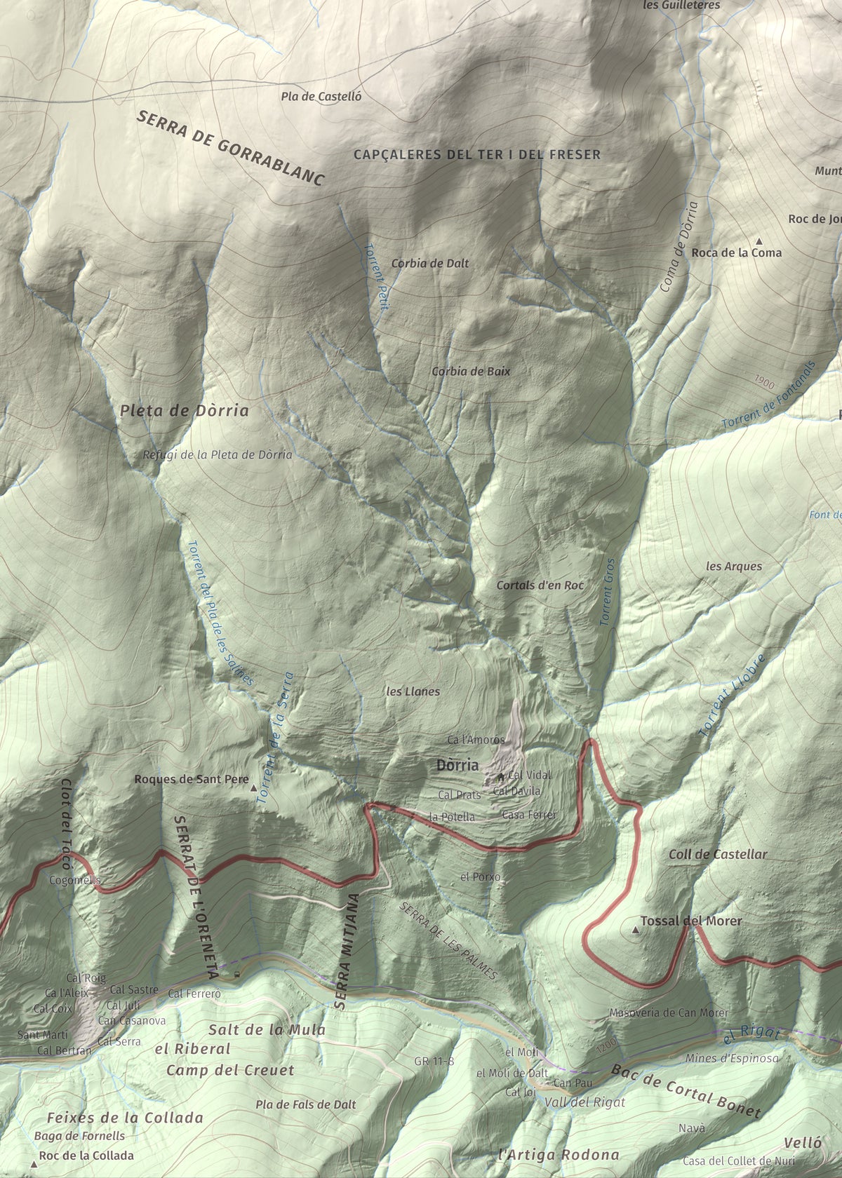 Mapa de relieve de Puig de Dòrria, 2547 m, Cerdanya Nord · Ripollès, lámina 100 Cims de Trobart. Detalle de la zona inferior izquierda. 50 × 70 cm.