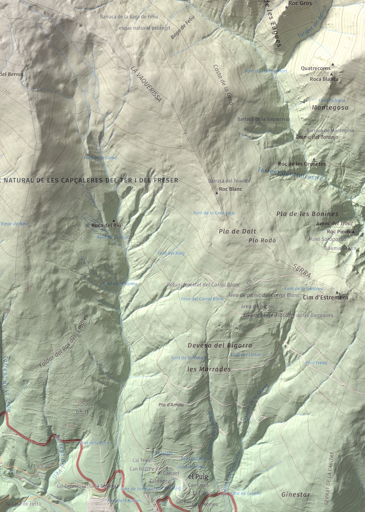 Mapa de relieve de Puig de Dòrria, 2547 m, Cerdanya Nord · Ripollès, lámina 100 Cims de Trobart. Detalle de la zona inferior derecha. 50 × 70 cm.