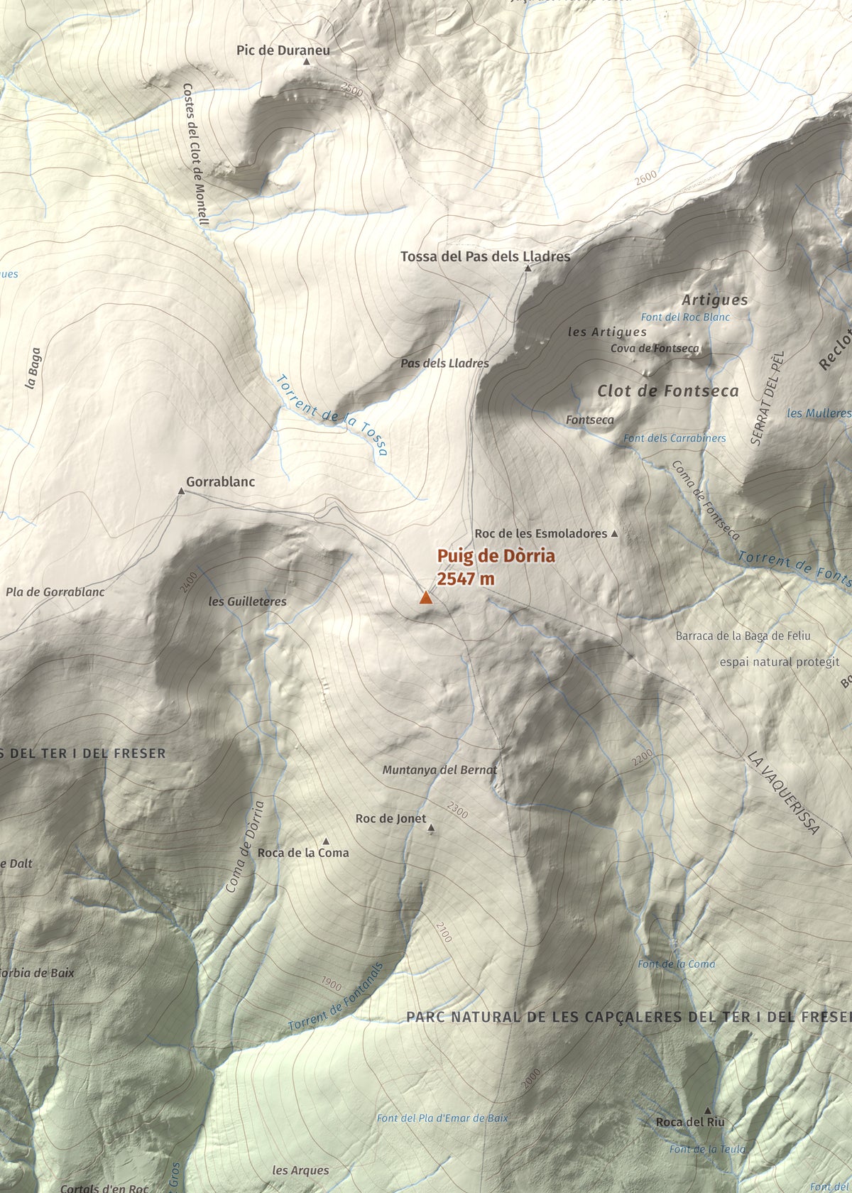 Mapa de relieve de Puig de Dòrria, 2547 m, Cerdanya Nord · Ripollès, lámina 100 Cims de Trobart. Detalle de la zona central. 50 × 70 cm.