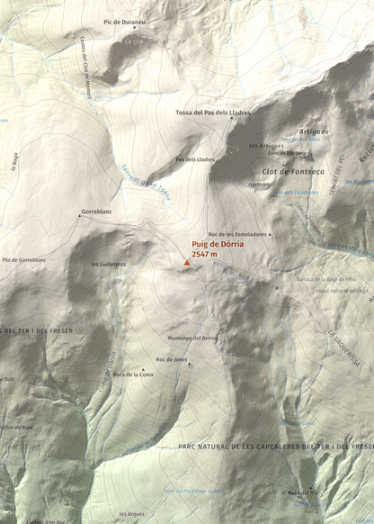 Mapa de relieve de Puig de Dòrria, 2547 m, Cerdanya Nord · Ripollès, lámina 100 Cims de Trobart. Detalle de la zona central. 50 × 70 cm.
