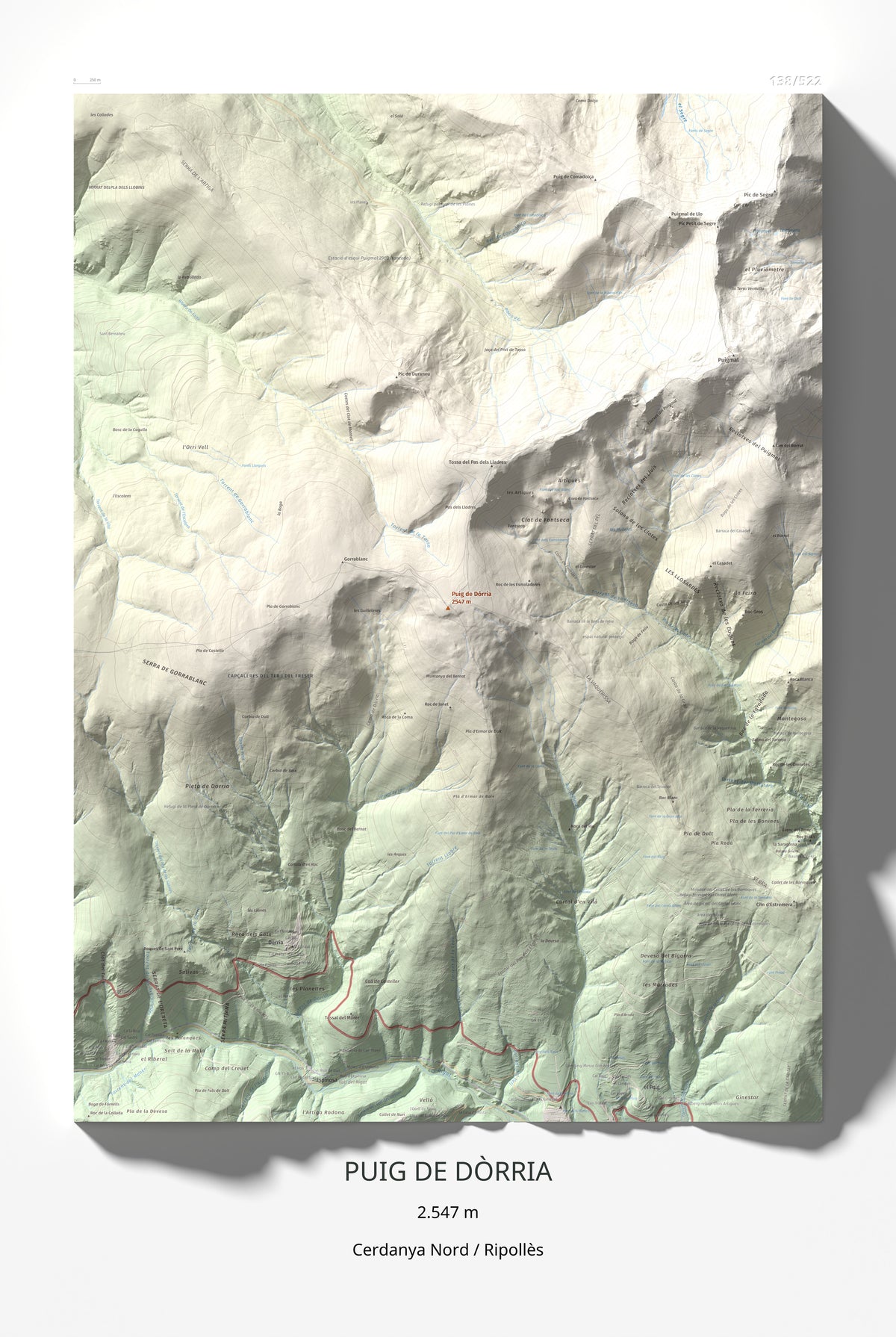 Mapa de relieve de Puig de Dòrria, 2547 m, Cerdanya Nord · Ripollès, lámina 100 Cims de Trobart 61 × 91 cm.