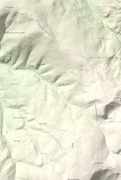 Mapa de relieve de Puig de Dòrria, 2547 m, Cerdanya Nord · Ripollès, lámina 100 Cims de Trobart. Detalle de la zona superior izquierda. 61 × 91 cm.