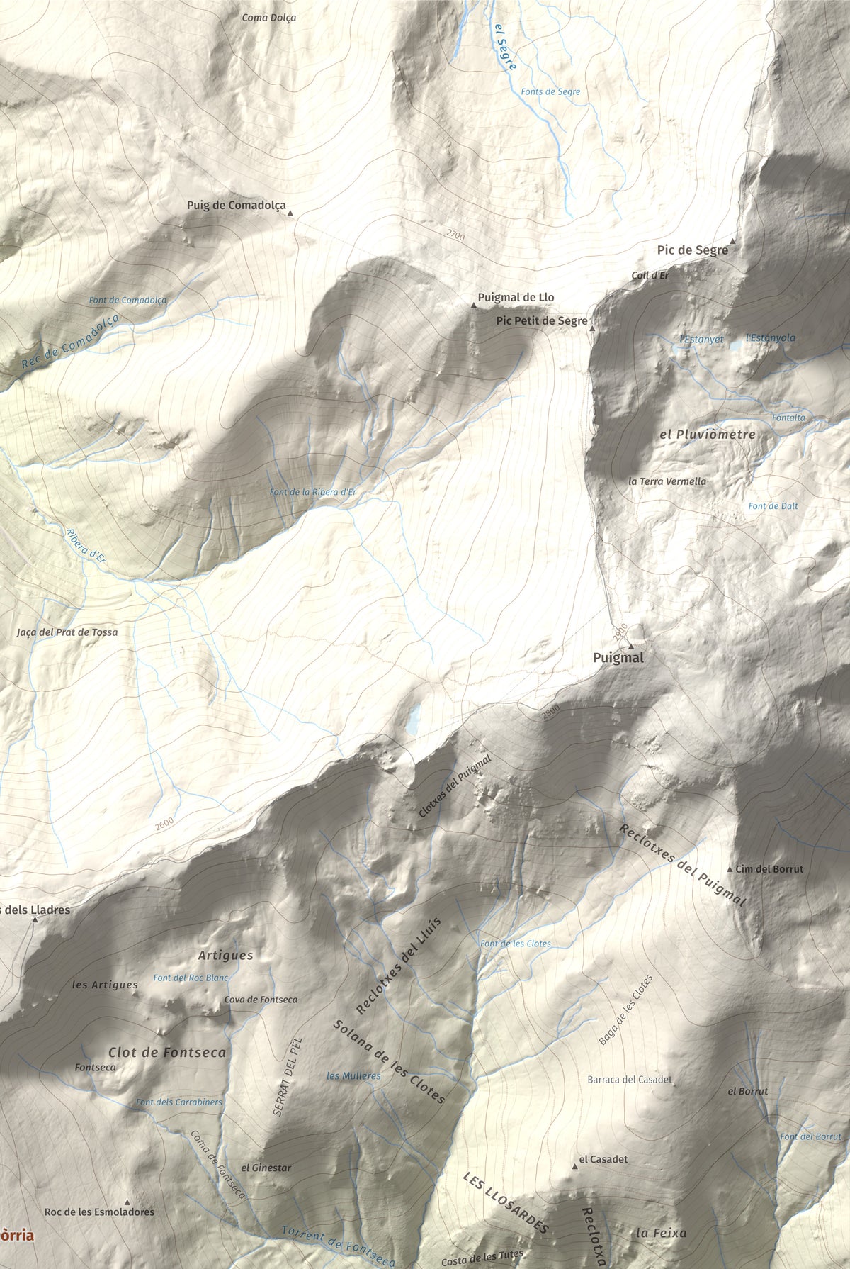 Mapa de relieve de Puig de Dòrria, 2547 m, Cerdanya Nord · Ripollès, lámina 100 Cims de Trobart. Detalle de la zona superior derecha. 61 × 91 cm.