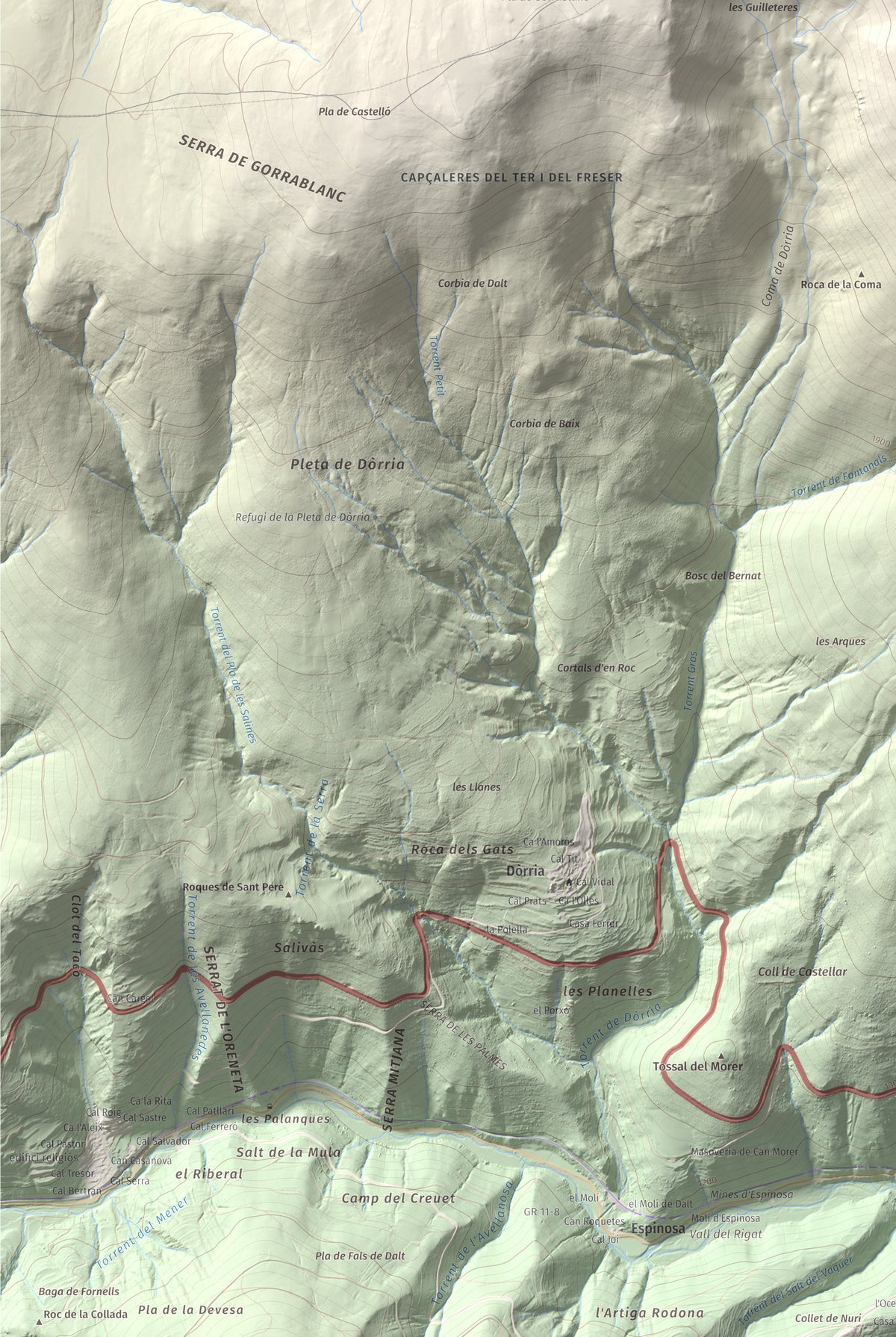 Mapa de relieve de Puig de Dòrria, 2547 m, Cerdanya Nord · Ripollès, lámina 100 Cims de Trobart. Detalle de la zona inferior izquierda. 61 × 91 cm.
