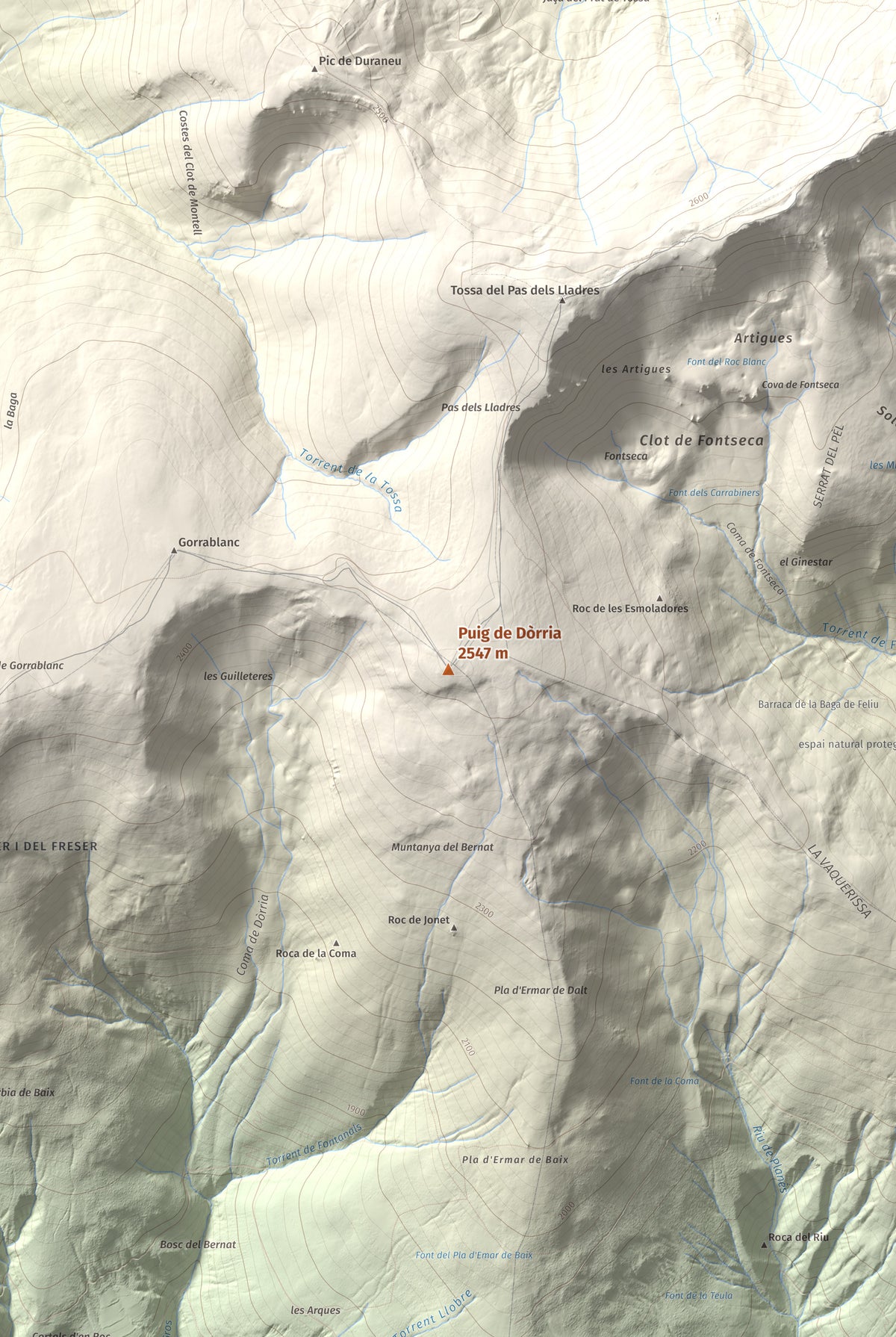 Mapa de relieve de Puig de Dòrria, 2547 m, Cerdanya Nord · Ripollès, lámina 100 Cims de Trobart. Detalle de la zona central. 61 × 91 cm.