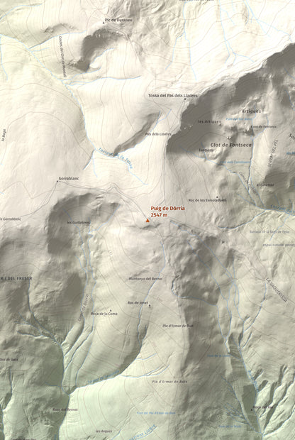 Mapa de relieve de Puig de Dòrria, 2547 m, Cerdanya Nord · Ripollès, lámina 100 Cims de Trobart. Detalle de la zona central. 61 × 91 cm.
