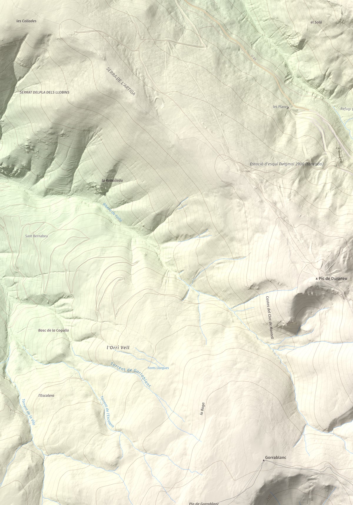 Mapa de relieve de Puig de Dòrria, 2547 m, Cerdanya Nord · Ripollès, lámina 100 Cims de Trobart. Detalle de la zona superior izquierda. 70 × 100 cm.