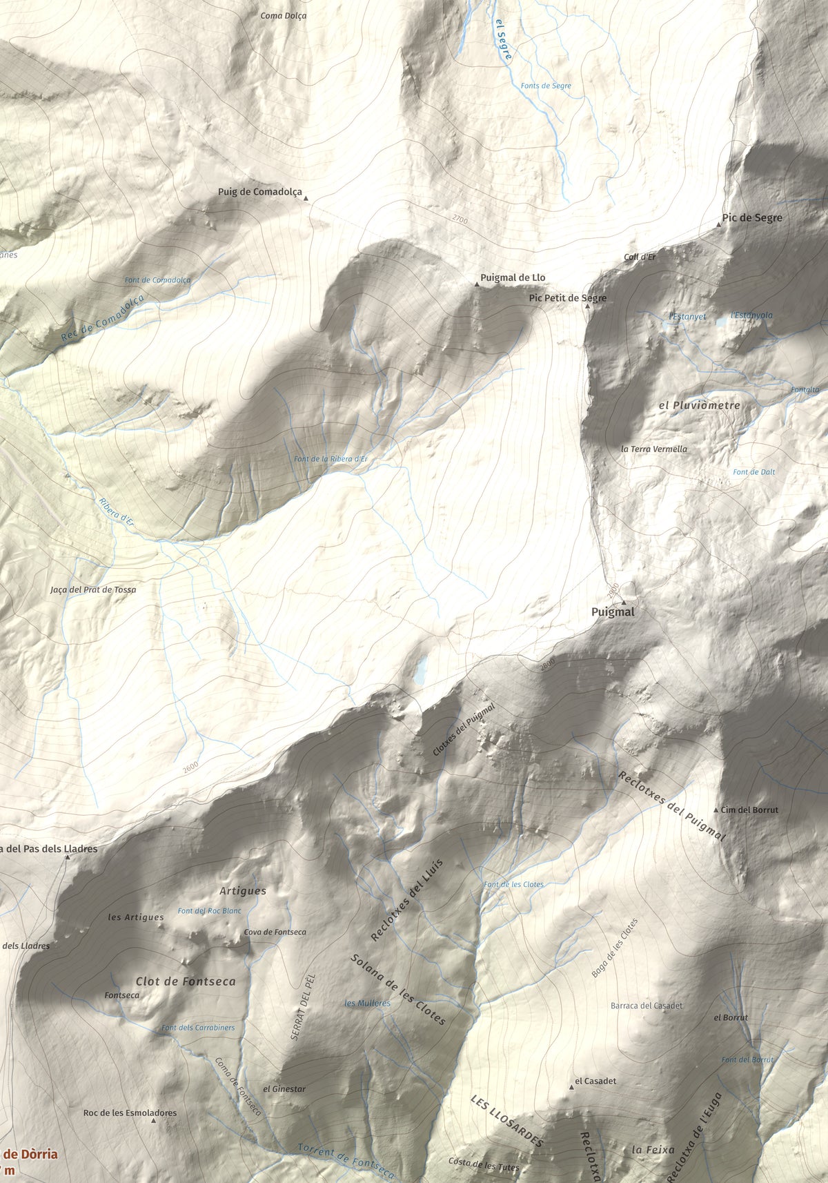 Mapa de relieve de Puig de Dòrria, 2547 m, Cerdanya Nord · Ripollès, lámina 100 Cims de Trobart. Detalle de la zona superior derecha. 70 × 100 cm.
