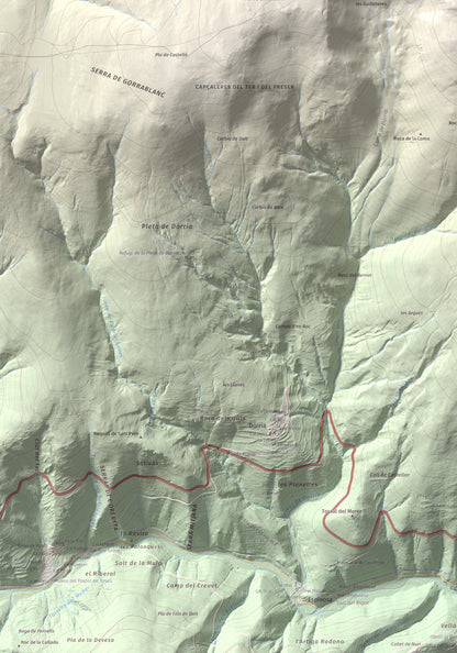 Mapa de relieve de Puig de Dòrria, 2547 m, Cerdanya Nord · Ripollès, lámina 100 Cims de Trobart. Detalle de la zona inferior izquierda. 70 × 100 cm.