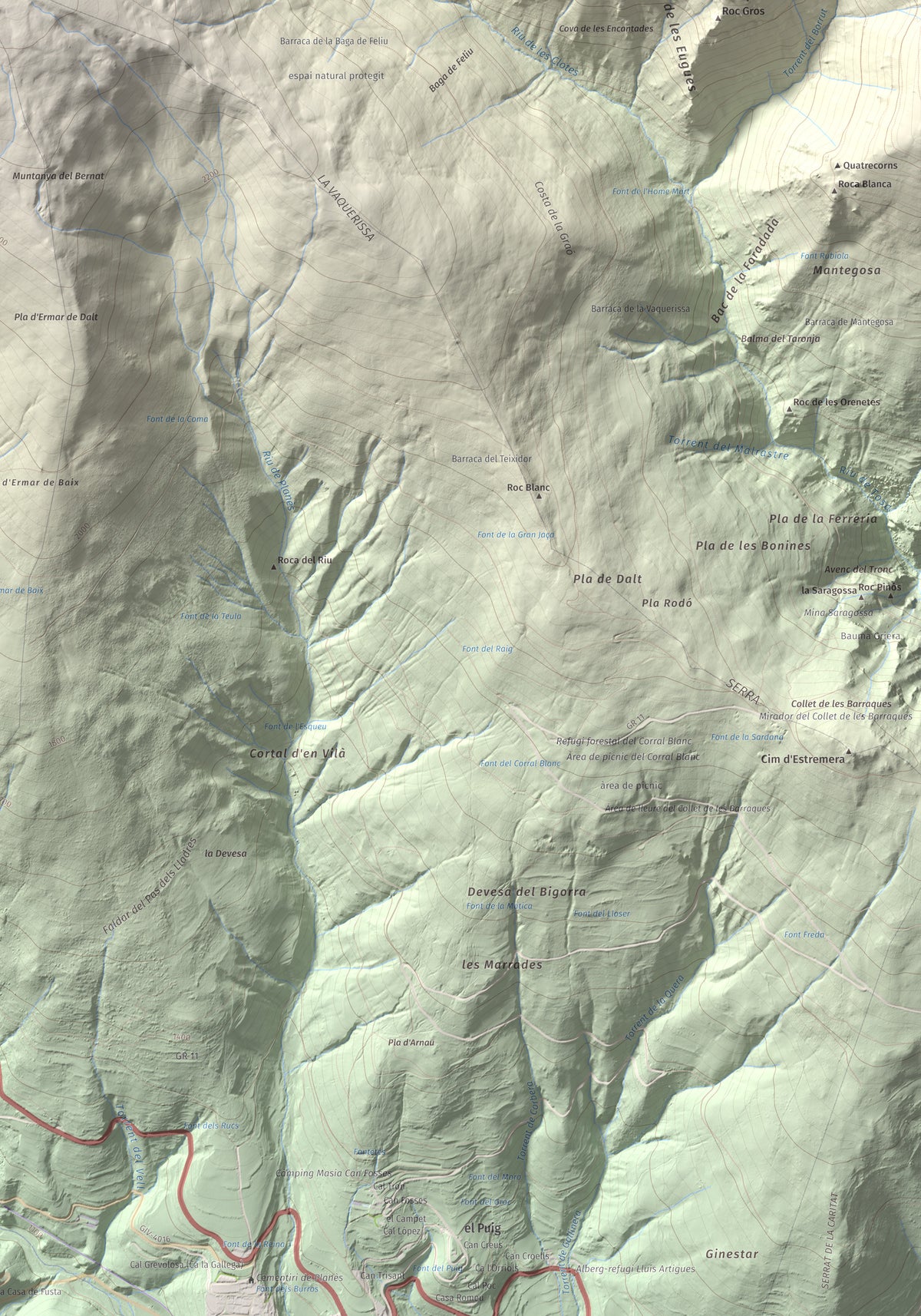 Mapa de relieve de Puig de Dòrria, 2547 m, Cerdanya Nord · Ripollès, lámina 100 Cims de Trobart. Detalle de la zona inferior derecha. 70 × 100 cm.