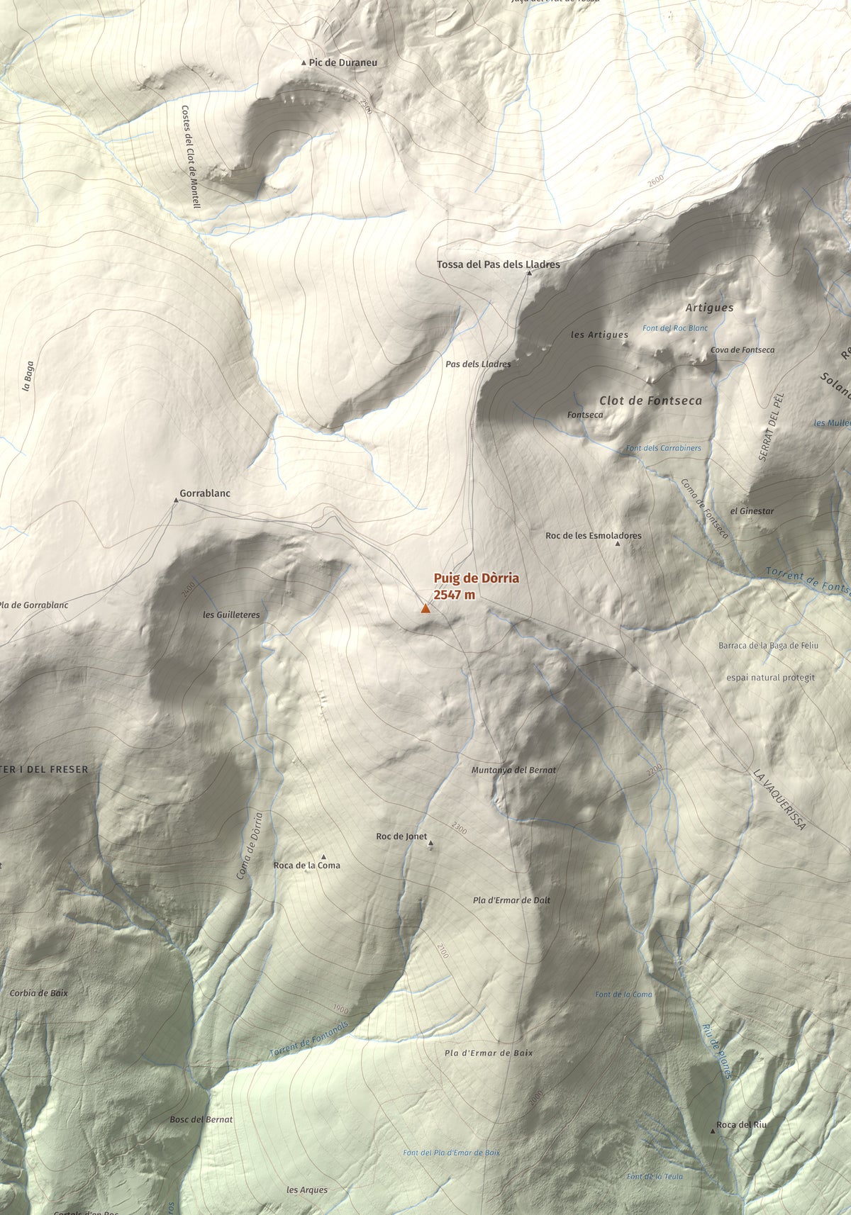Mapa de relieve de Puig de Dòrria, 2547 m, Cerdanya Nord · Ripollès, lámina 100 Cims de Trobart. Detalle de la zona central. 70 × 100 cm.